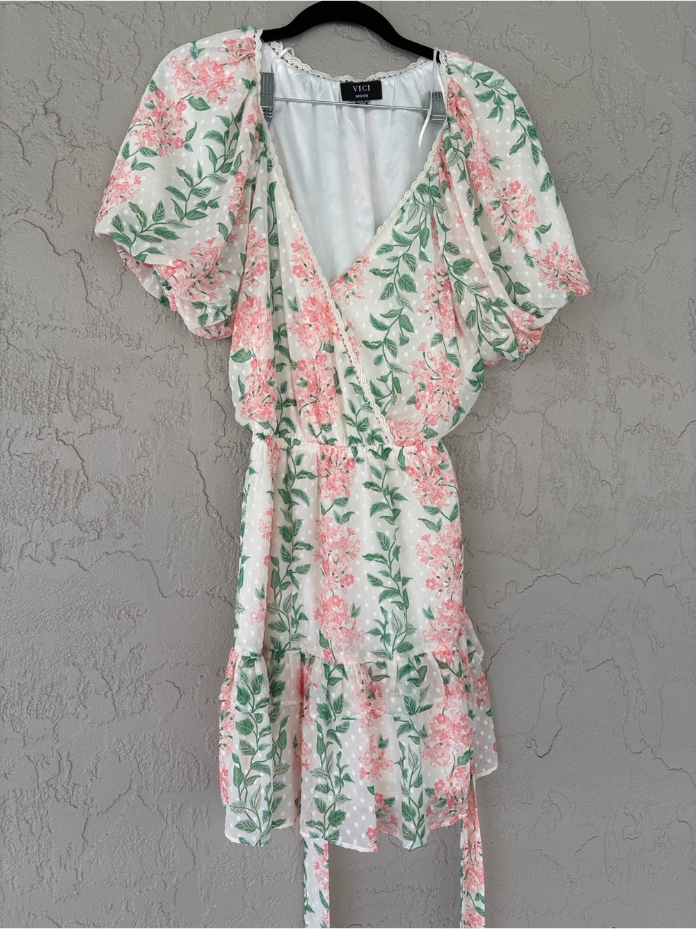 VICI White Floral Wrap Mini Dress with Pink & Green Print